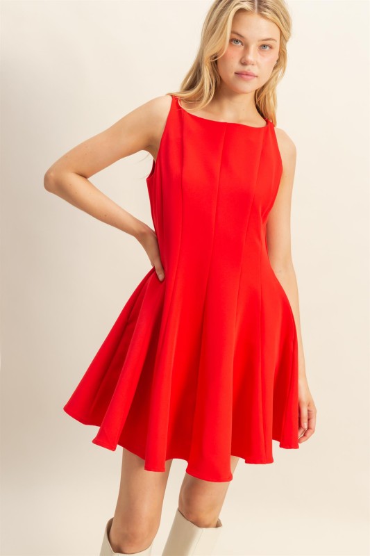 Red Sleeveless Classic Flared Dress