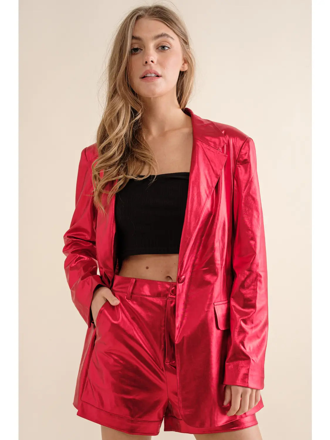 Red Metallic Blazer Short Set - Main Image