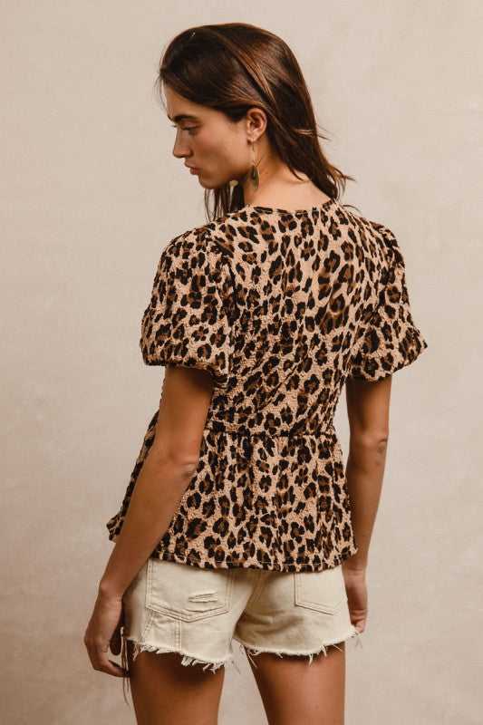 Leopard Puff Sleeve Pepulum Top