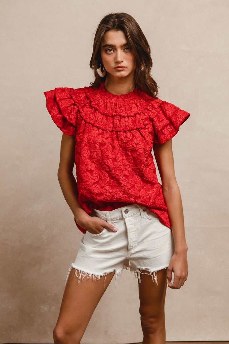 Red Textured Floral Ruffled Top