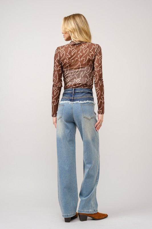 Brown Boot Stitch Mock Neck Mesh Top