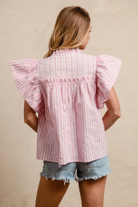 Jacquard Pink Striped Ruffle Sleeve Top