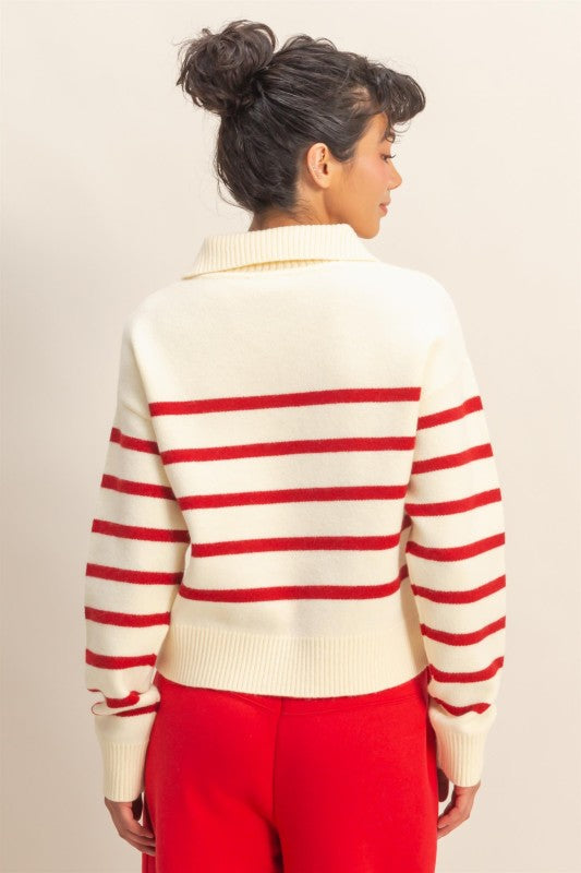 Cream & Red Striped Half Zip Sweater