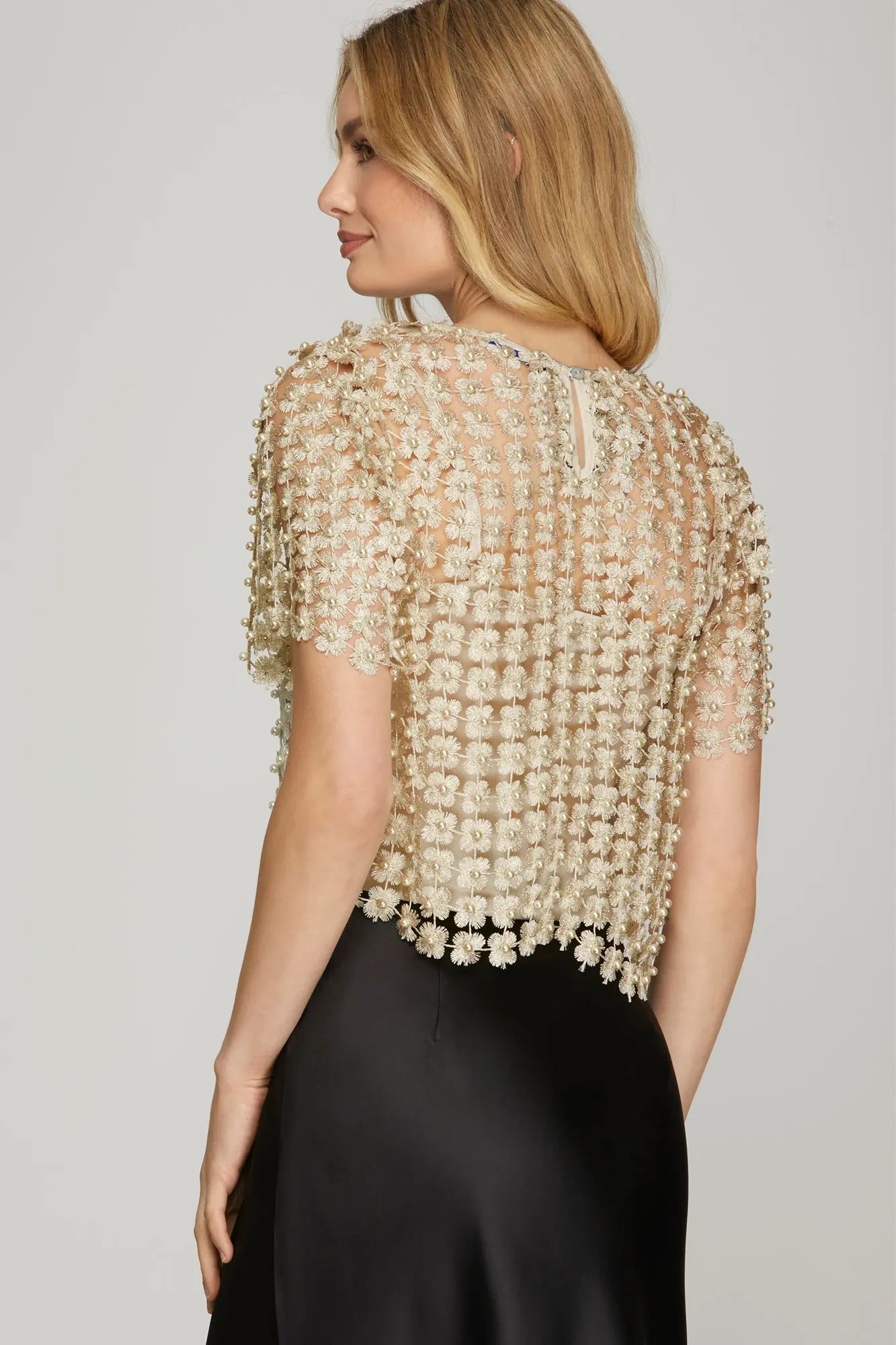 Cream Lurex Crochet Lace & Pearl Top