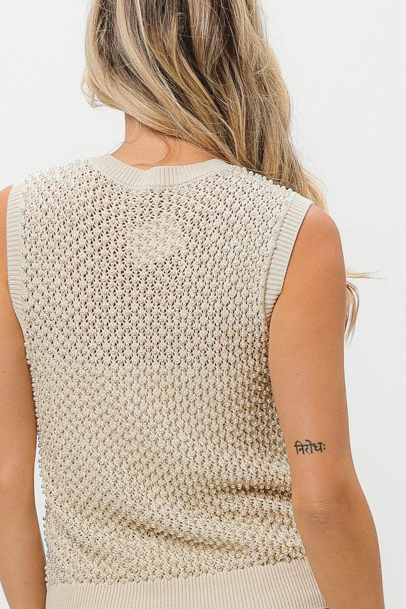 Oatmeal Pearl Knitted V-Neck Sleeveless Top