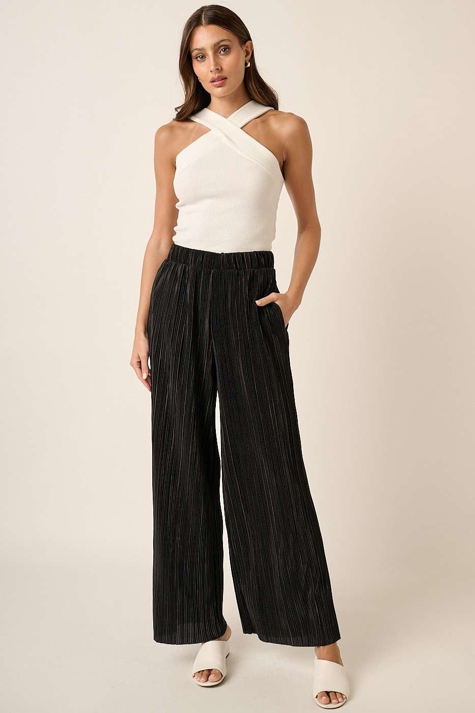 Black Pleated Satin Wide Leg Pants