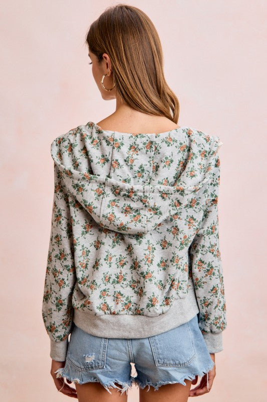 Grey Floral Printed Terry Hoodie