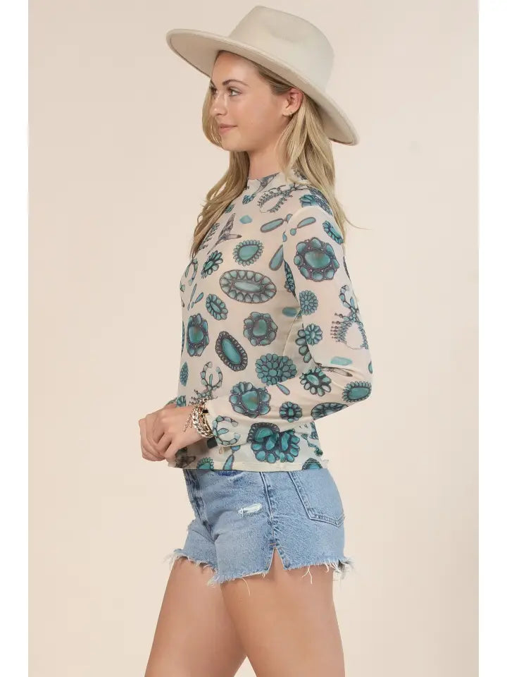 Turquoise Jewels Mesh Long Sleeve Top
