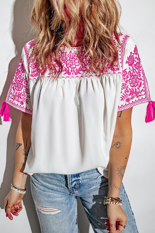 Embroidered Floral Short Sleeves Shift Top