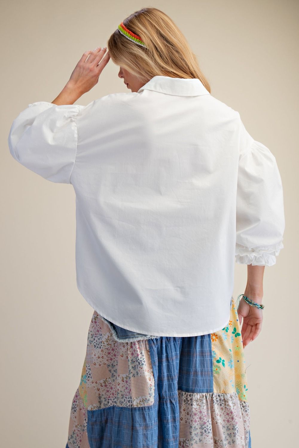 White 3/4 SLEEVES BUTTON DOWN POPLIN SHIRT