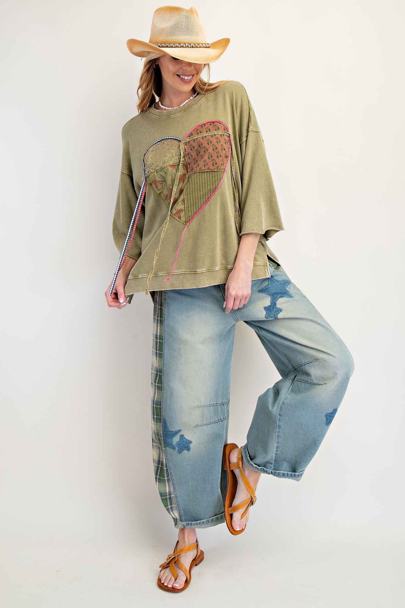 Olive Heart Patch Mineral Washed Top