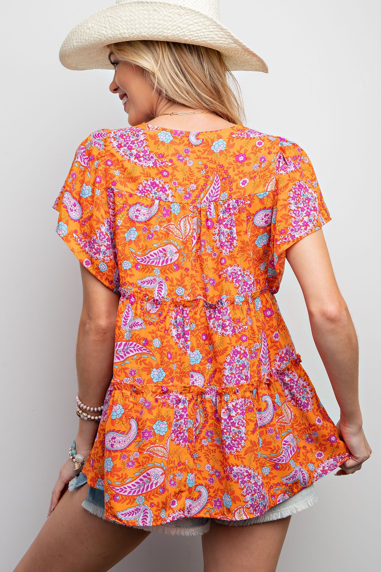 Orange Paisley Linen Top
