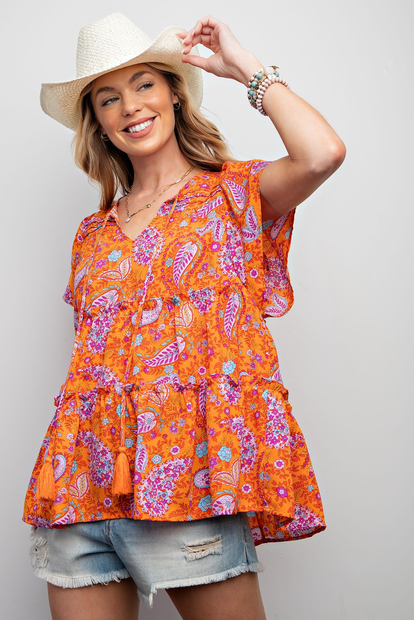 Orange Paisley Linen Top
