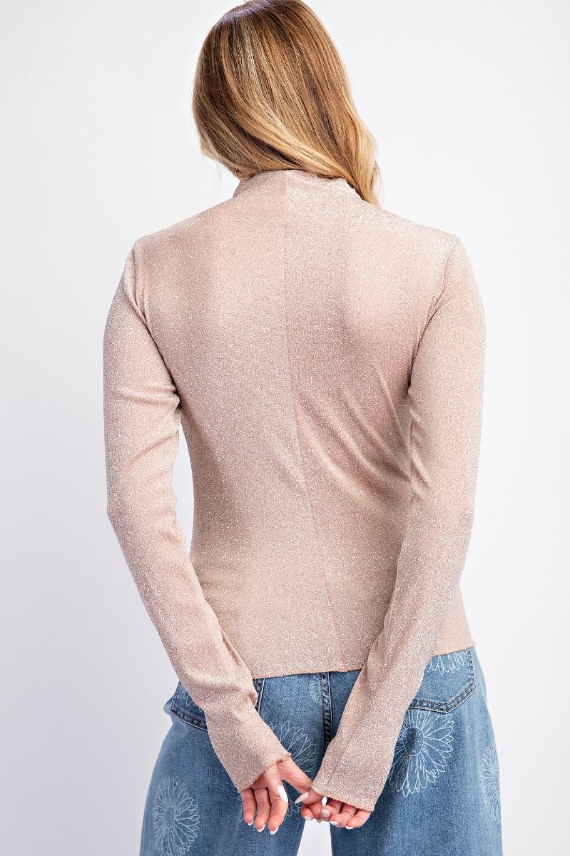 Champagne Foil Print Mock Neck Fitted Top