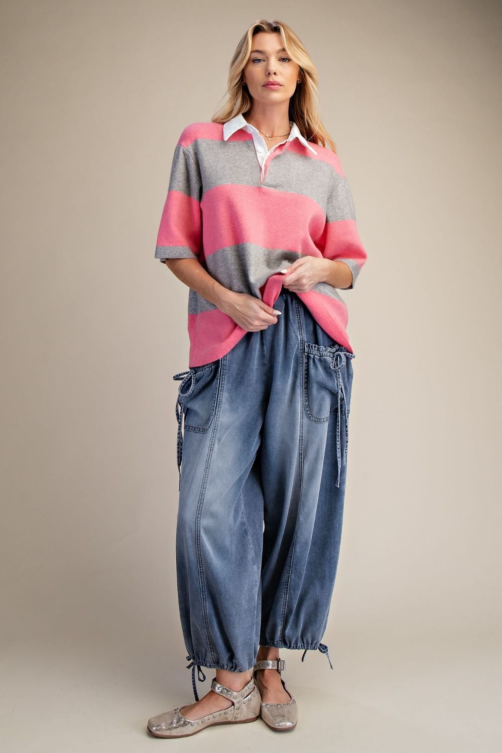 Pink & Grey Striped Rugby Top