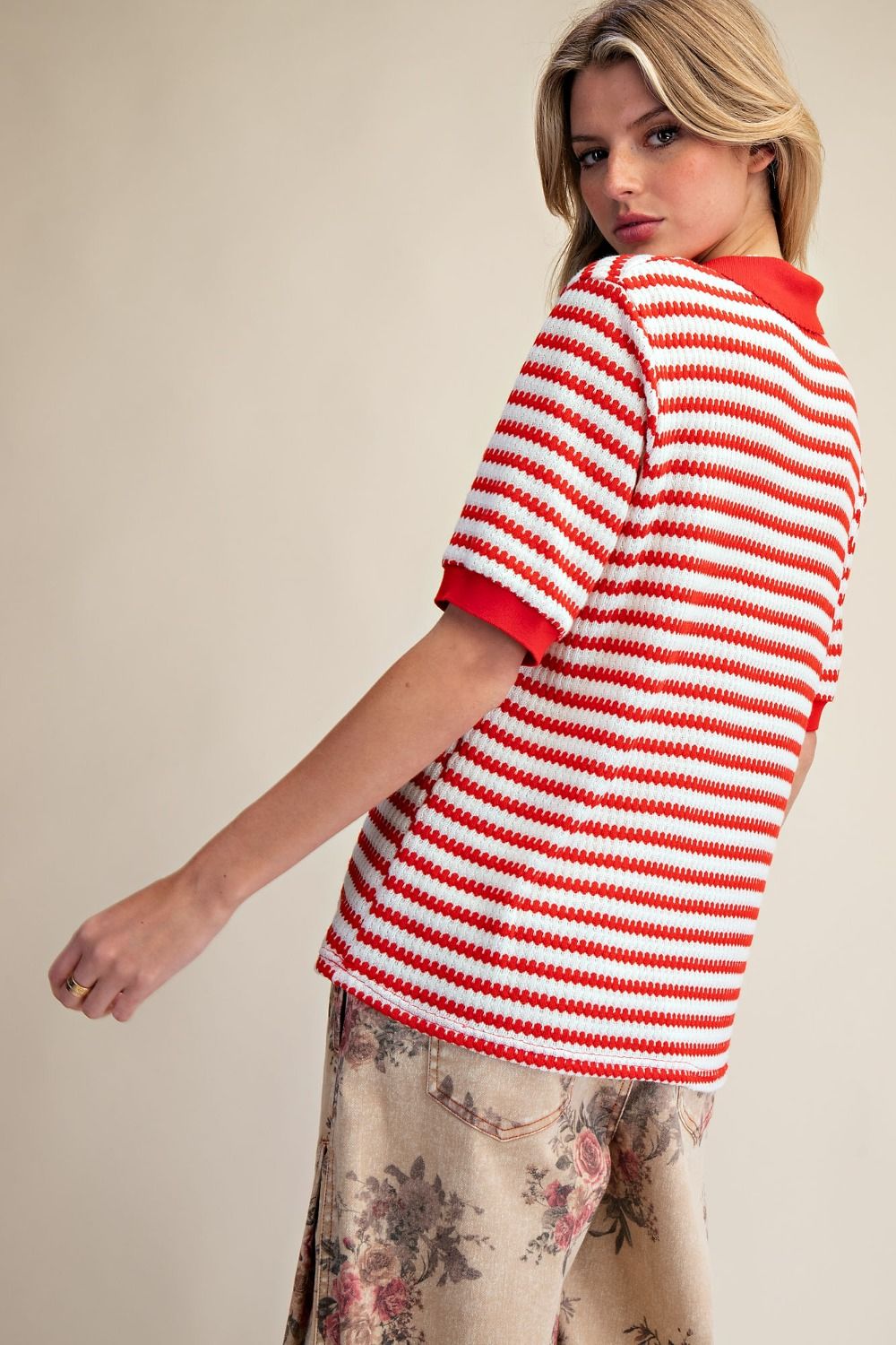 Red & White Striped Henley Sweater