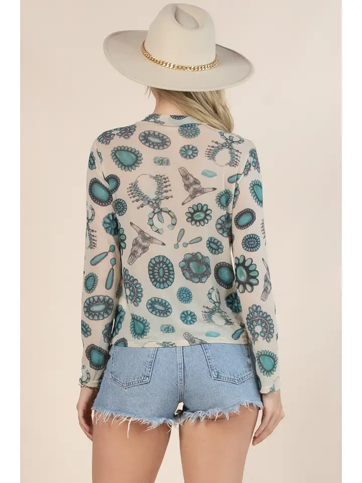 Turquoise Jewels Mesh Long Sleeve Top