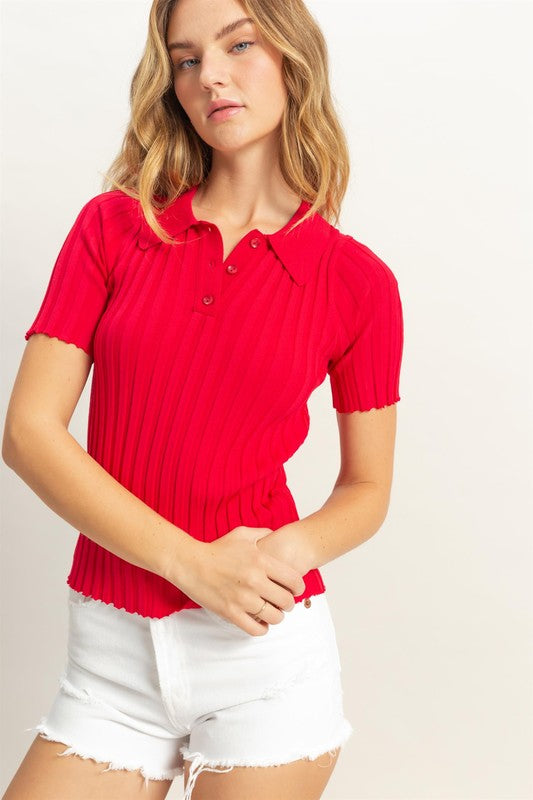 Red Knit Short Sleeve Polo Top