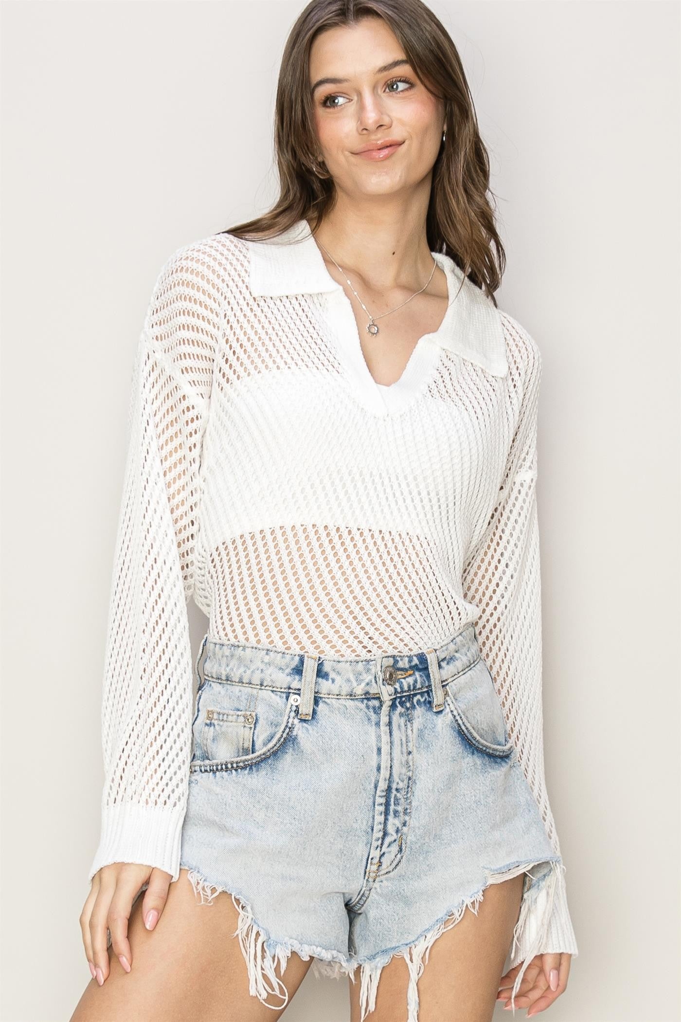 Collard Open Stitch Knit Top