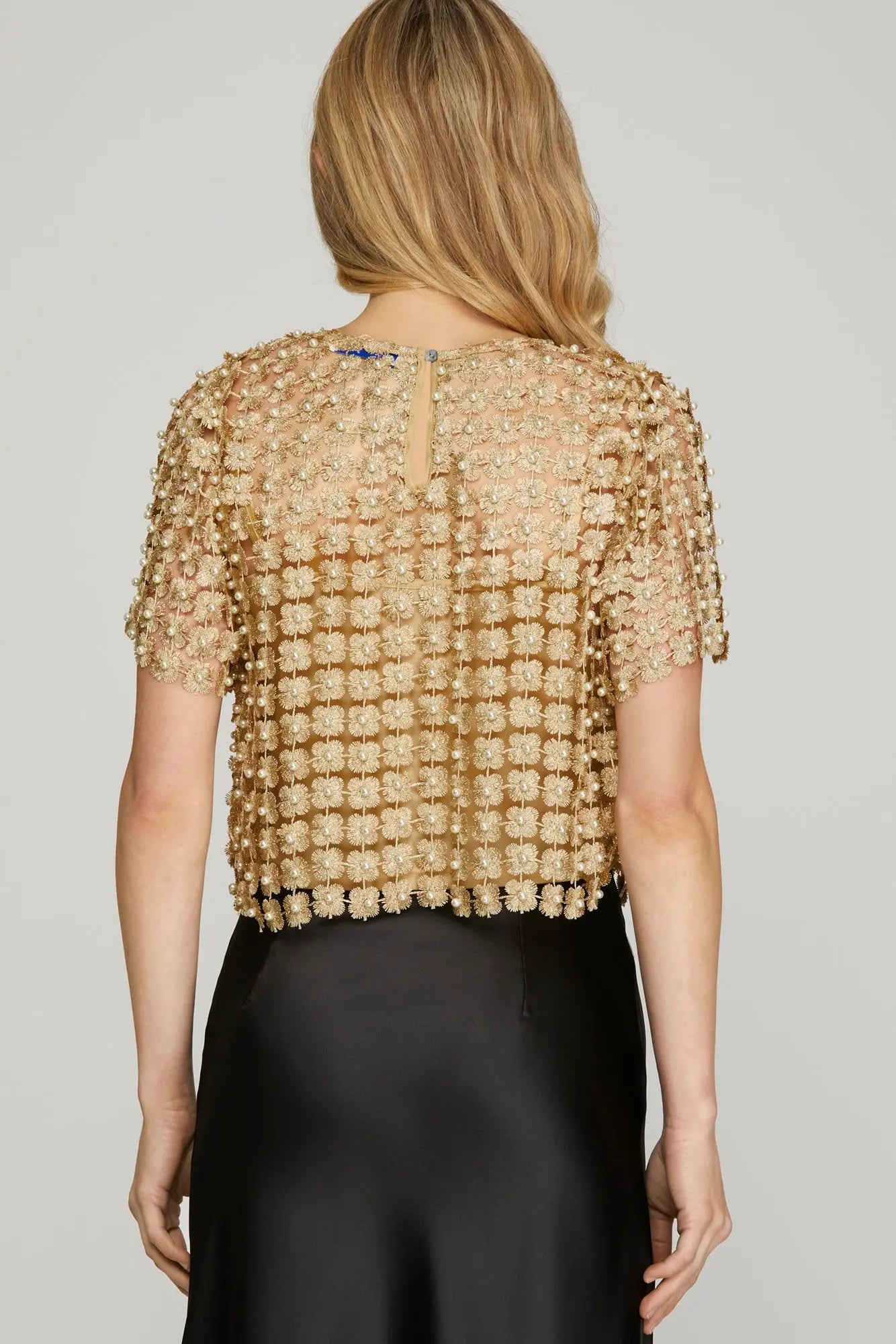 Gold Lurex Crochet Lace & Pearl Top