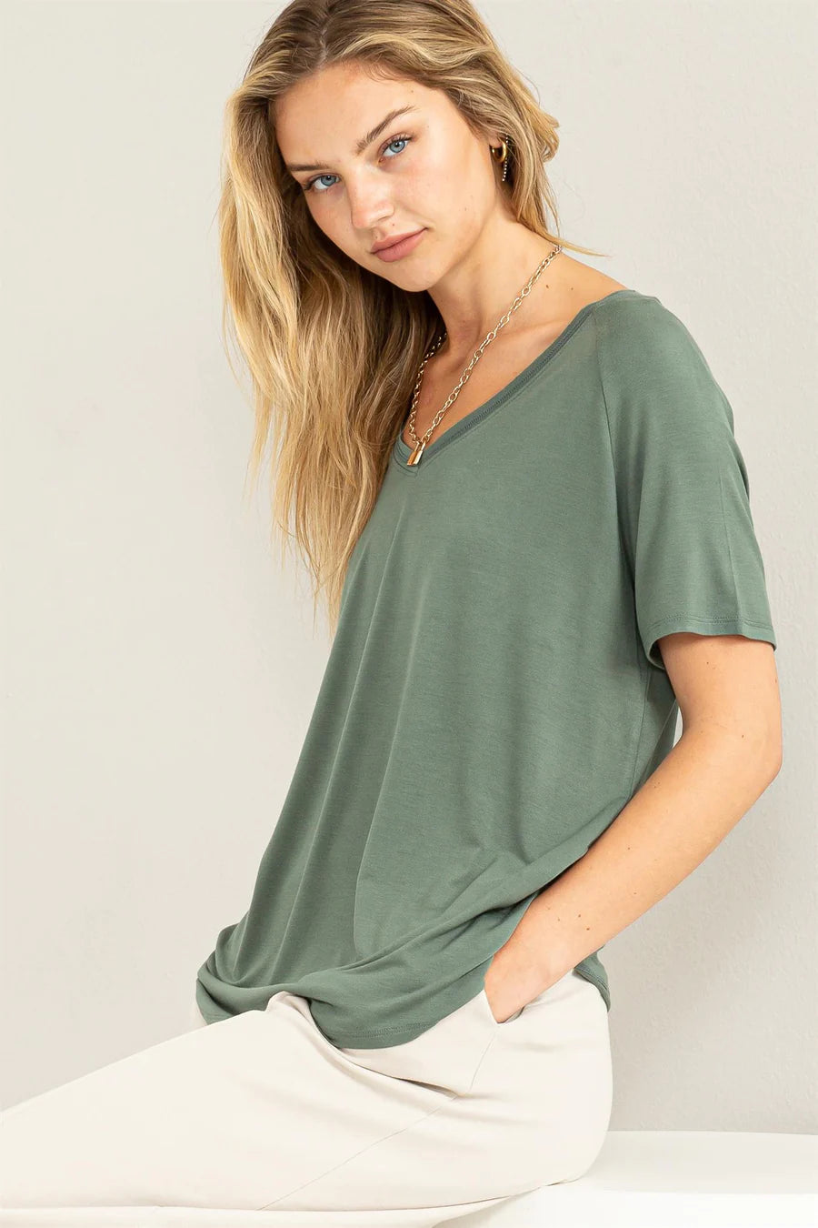 Grey Green Knit Basic Tee