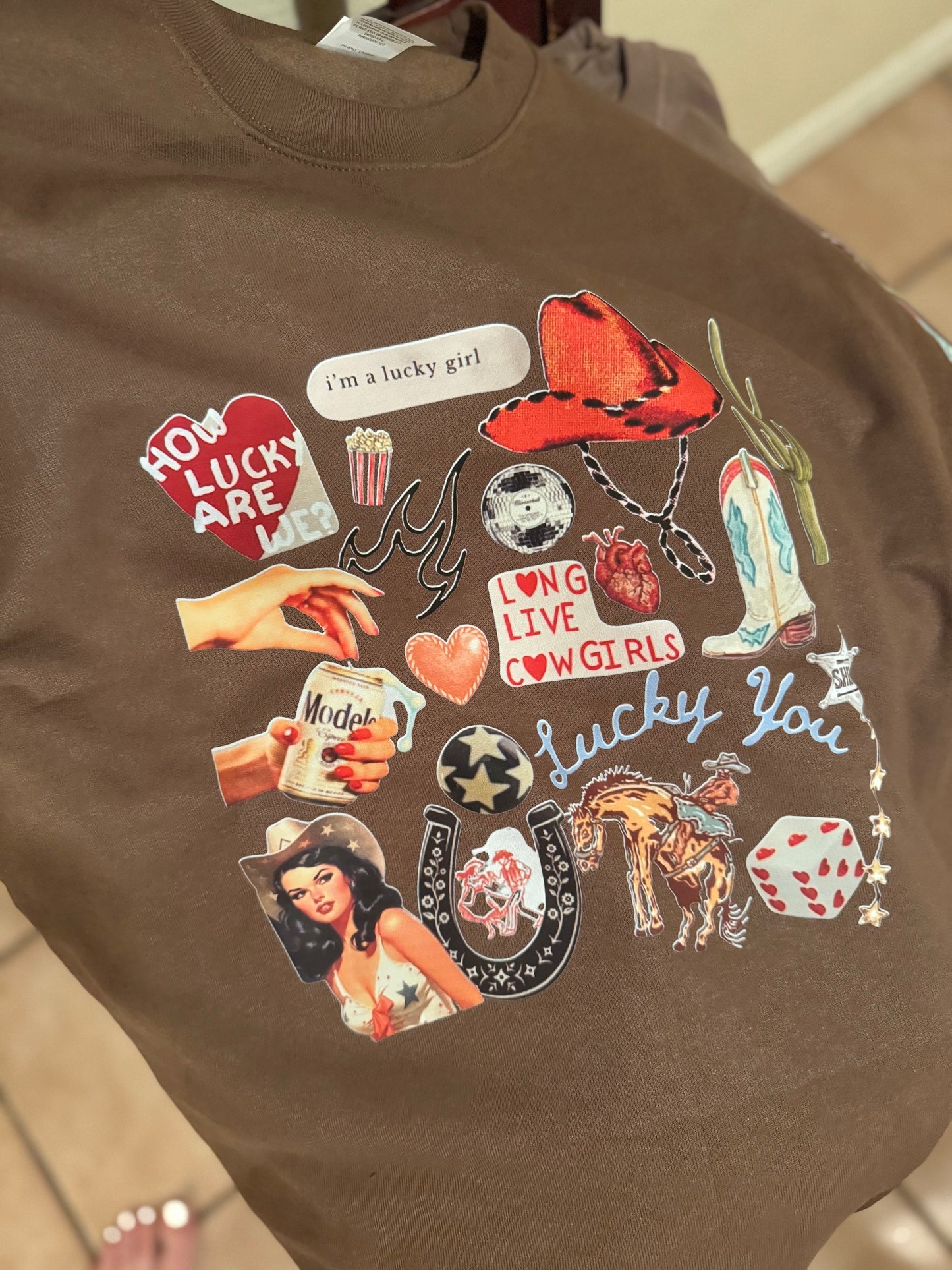 How Lucky Are We Collage Sweatshirt in Expresso-LF