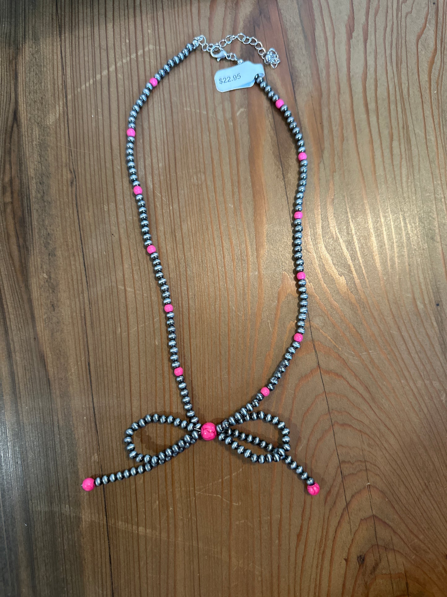 Pewter Pearl & Pink Bead Bow Necklace