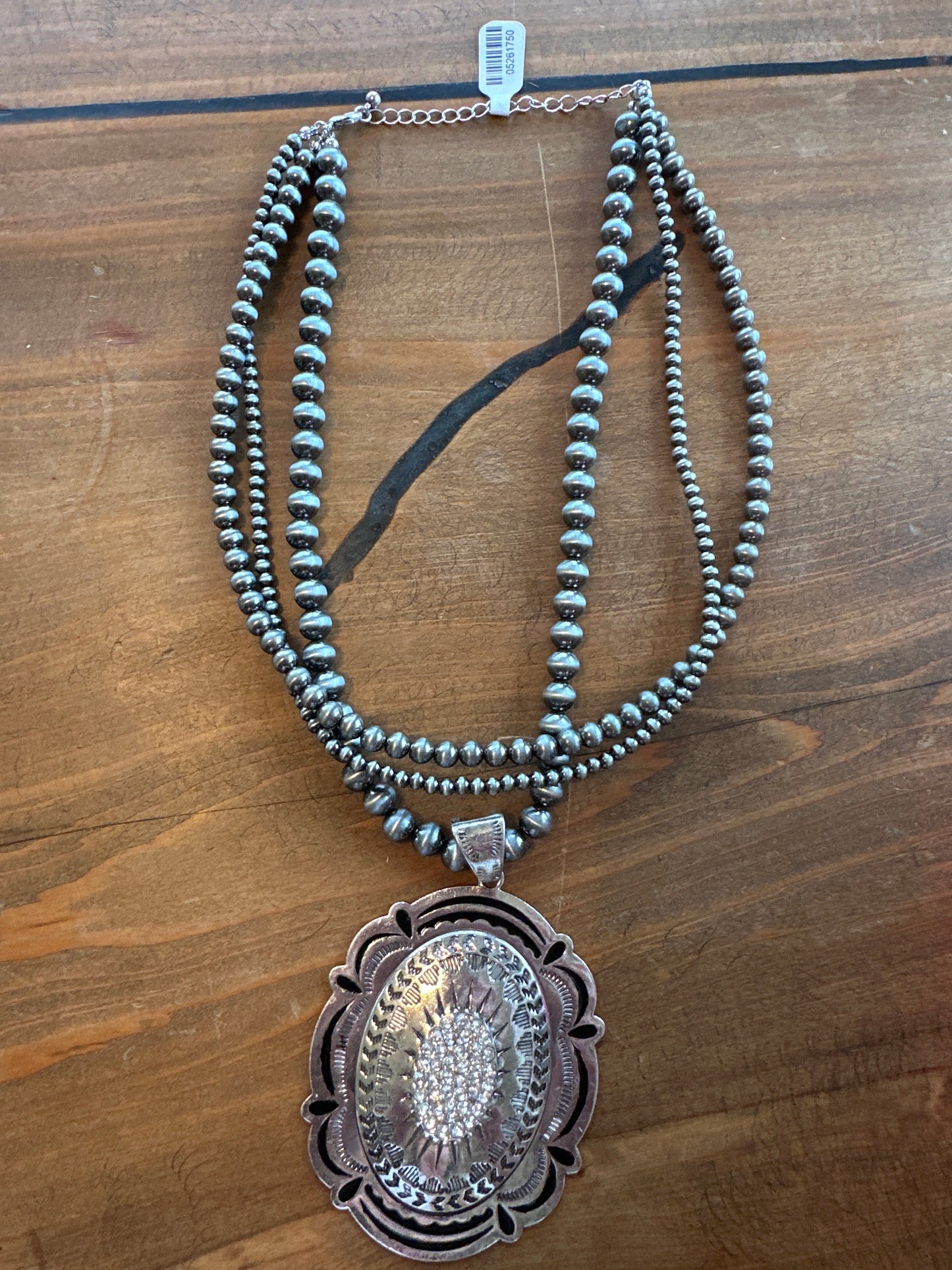 Multi Strand Pewter Pearl Concho Necklace