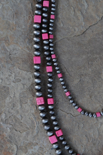 28" Pink & Pewter Three Strand Necklace