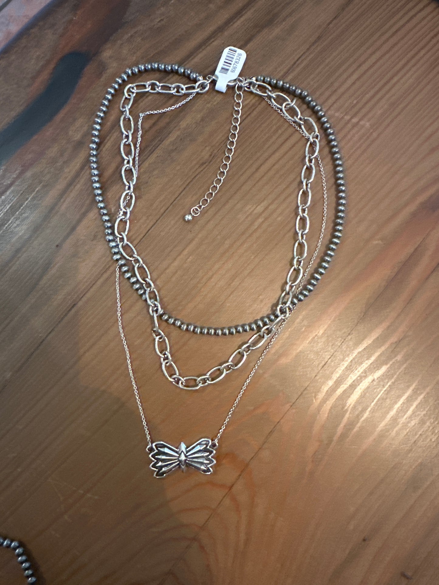 Pewter Pearl & Chain Necklace with Bow Pendant