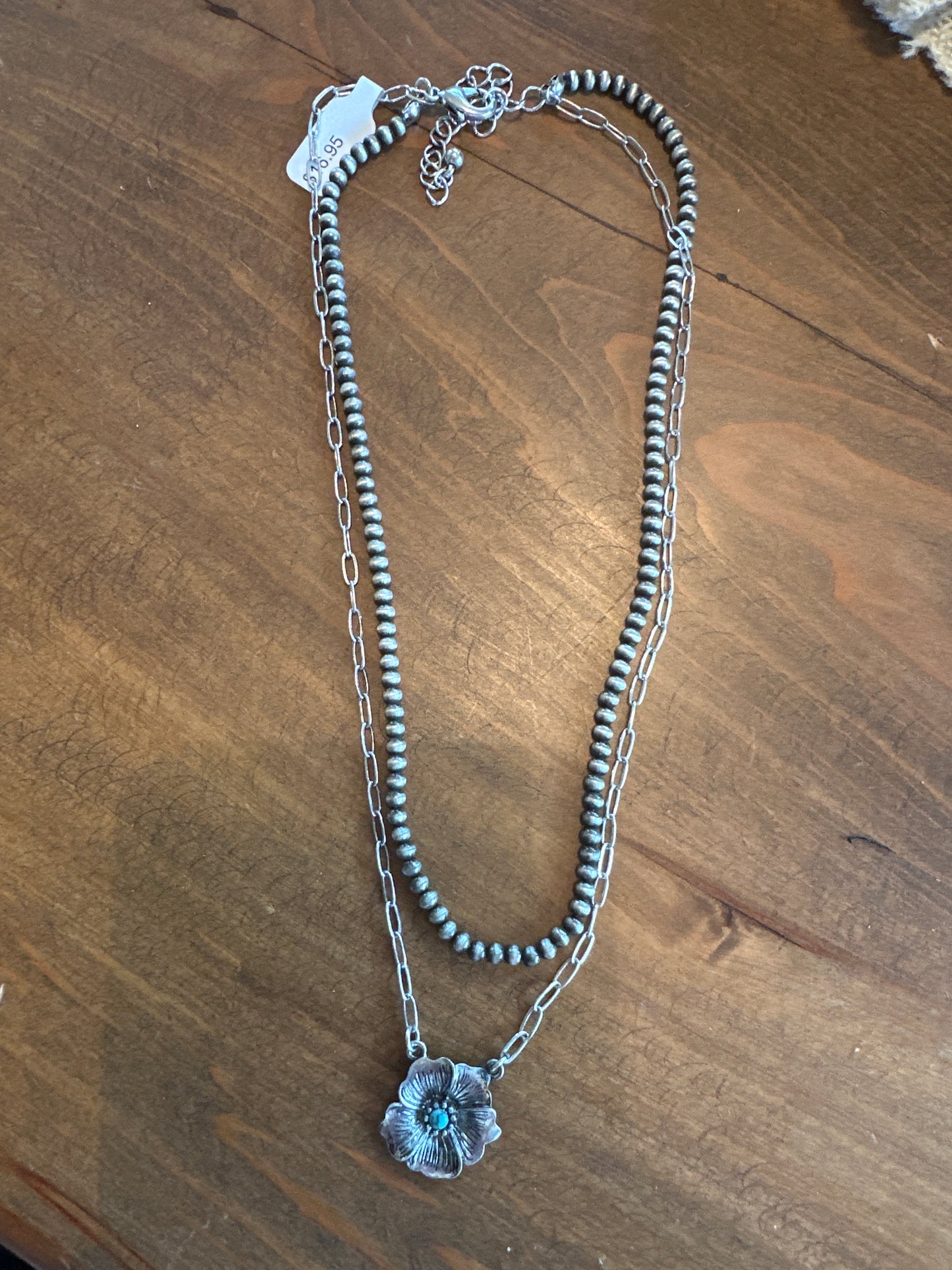 Pewter Pearl Turquoise Flower Necklace