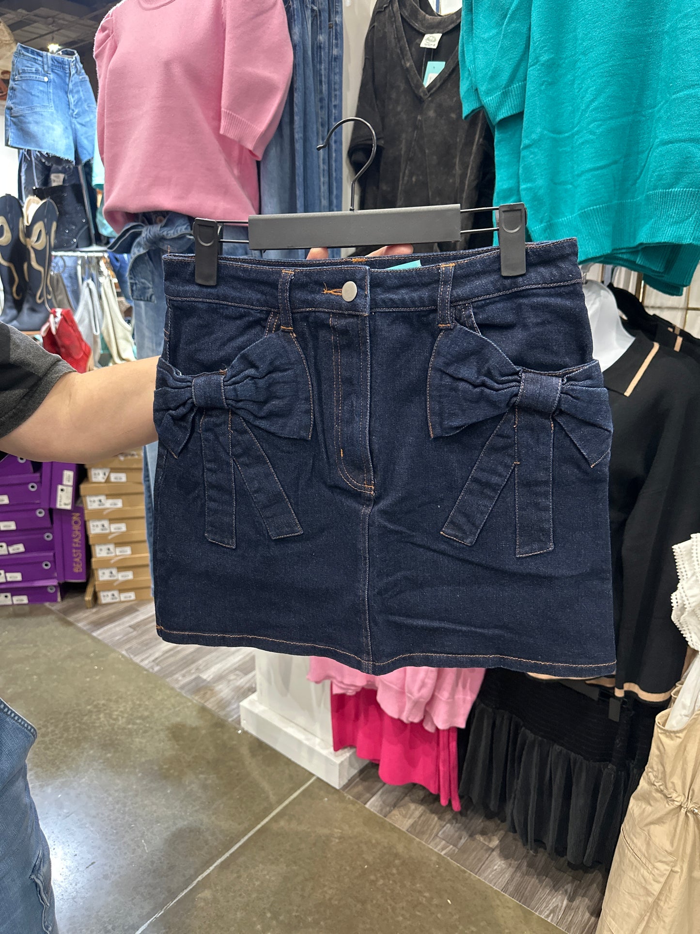 Dark Denim Bow Detail Skirt