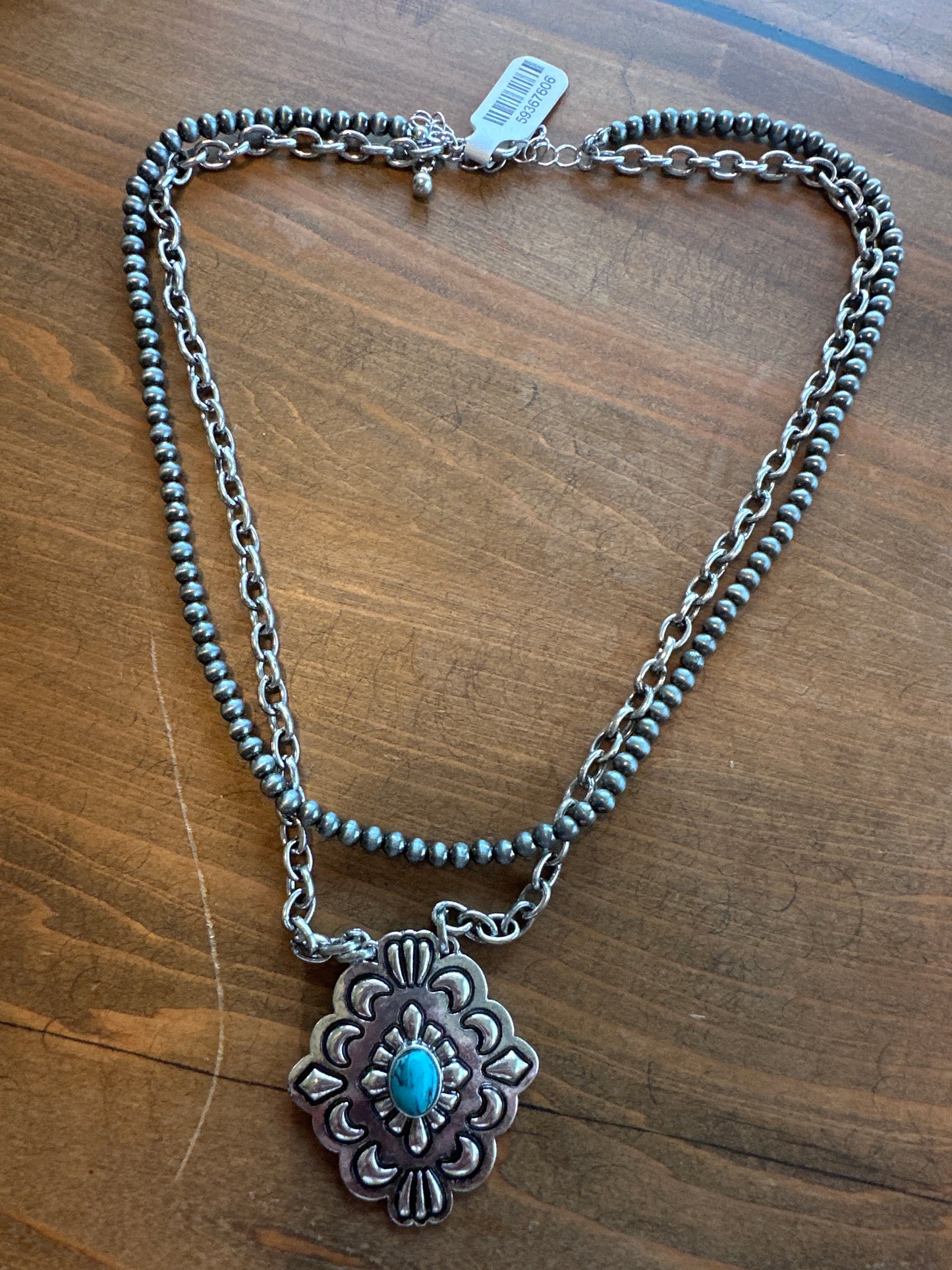 Pewter Pearl & Chain Necklace with Concho Pendant