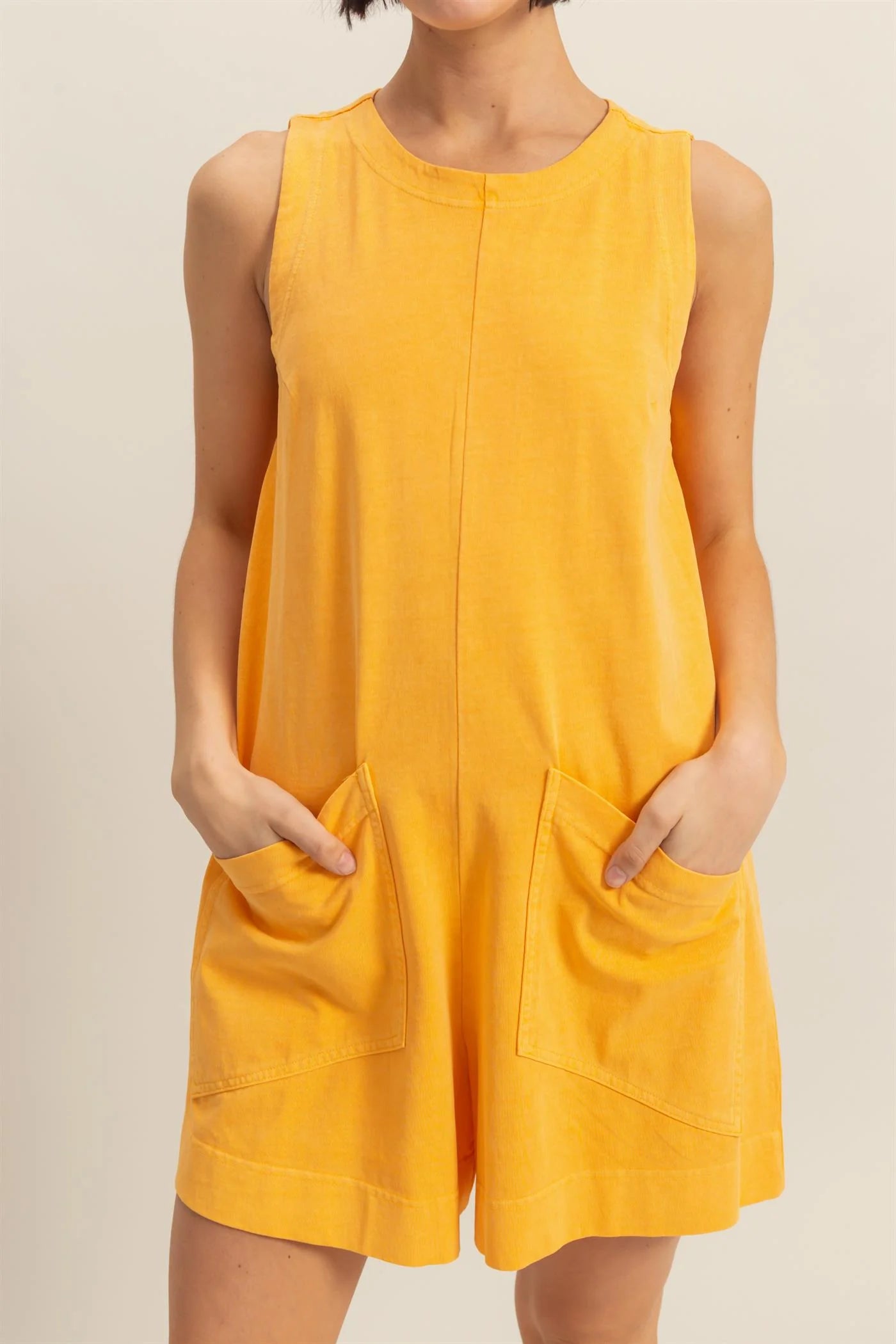 Orange Cotton Sleeveless Shorts Romper