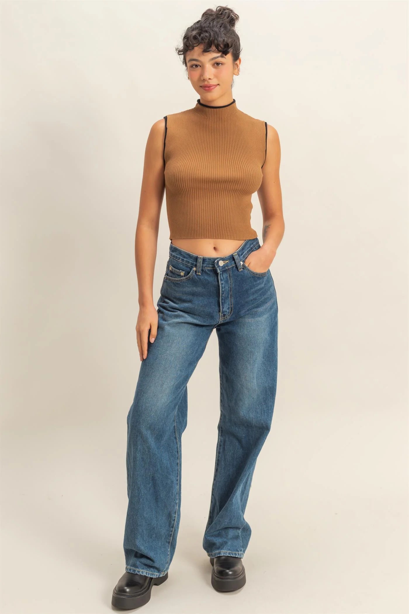 Taupe & Black Ribbed Sleeveless Top