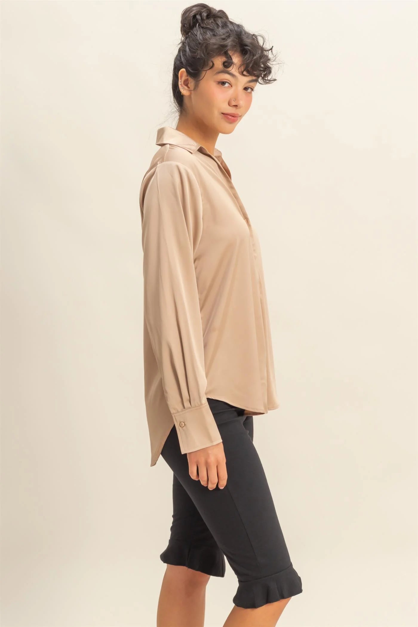 Taupe Satin Button Up Top