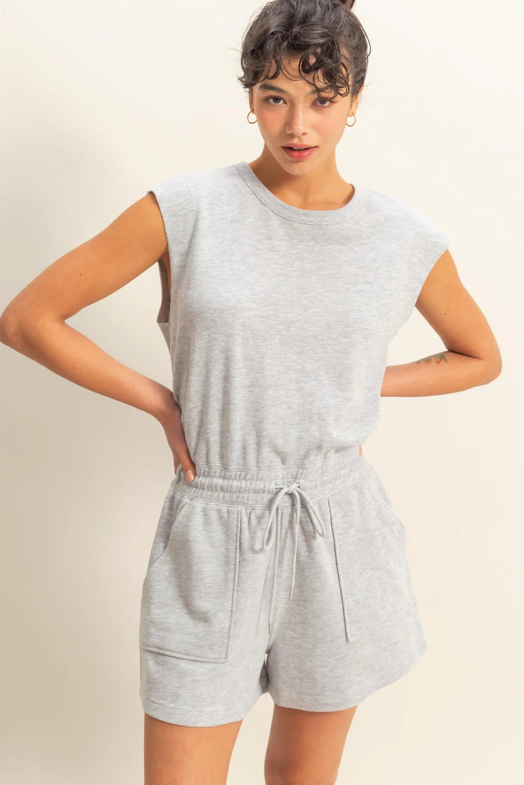 Heather Gray Sleeveless Drawstring Shorts Romper