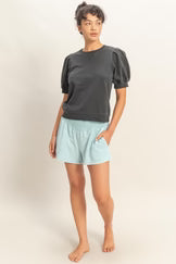 Puff Sleeve V-Stitch Crew Neck Top