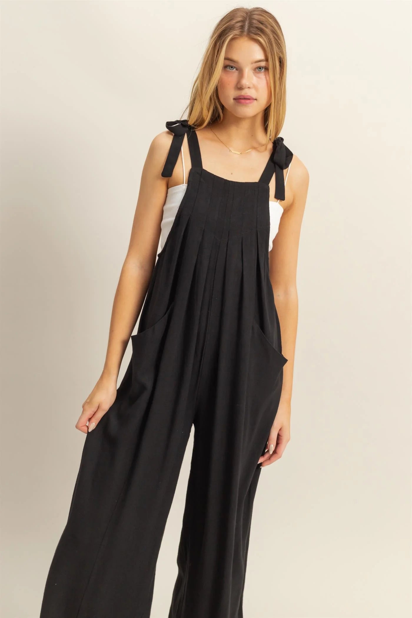 Black Pleated Shoulder Tie Jumpsuit