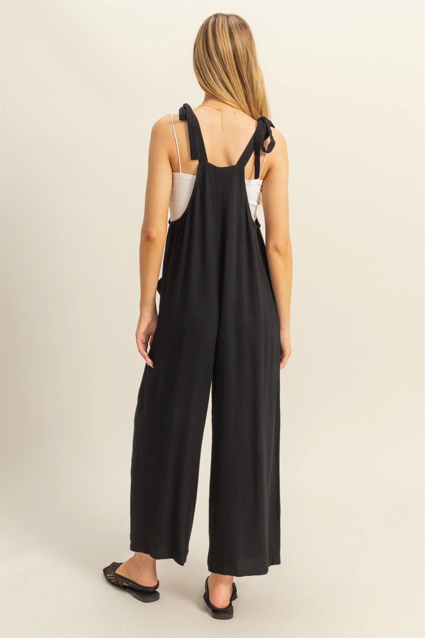 Black Pleated Shoulder Tie Jumpsuit