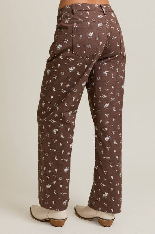 Brown Cowboy Graphic Wide Leg Pant