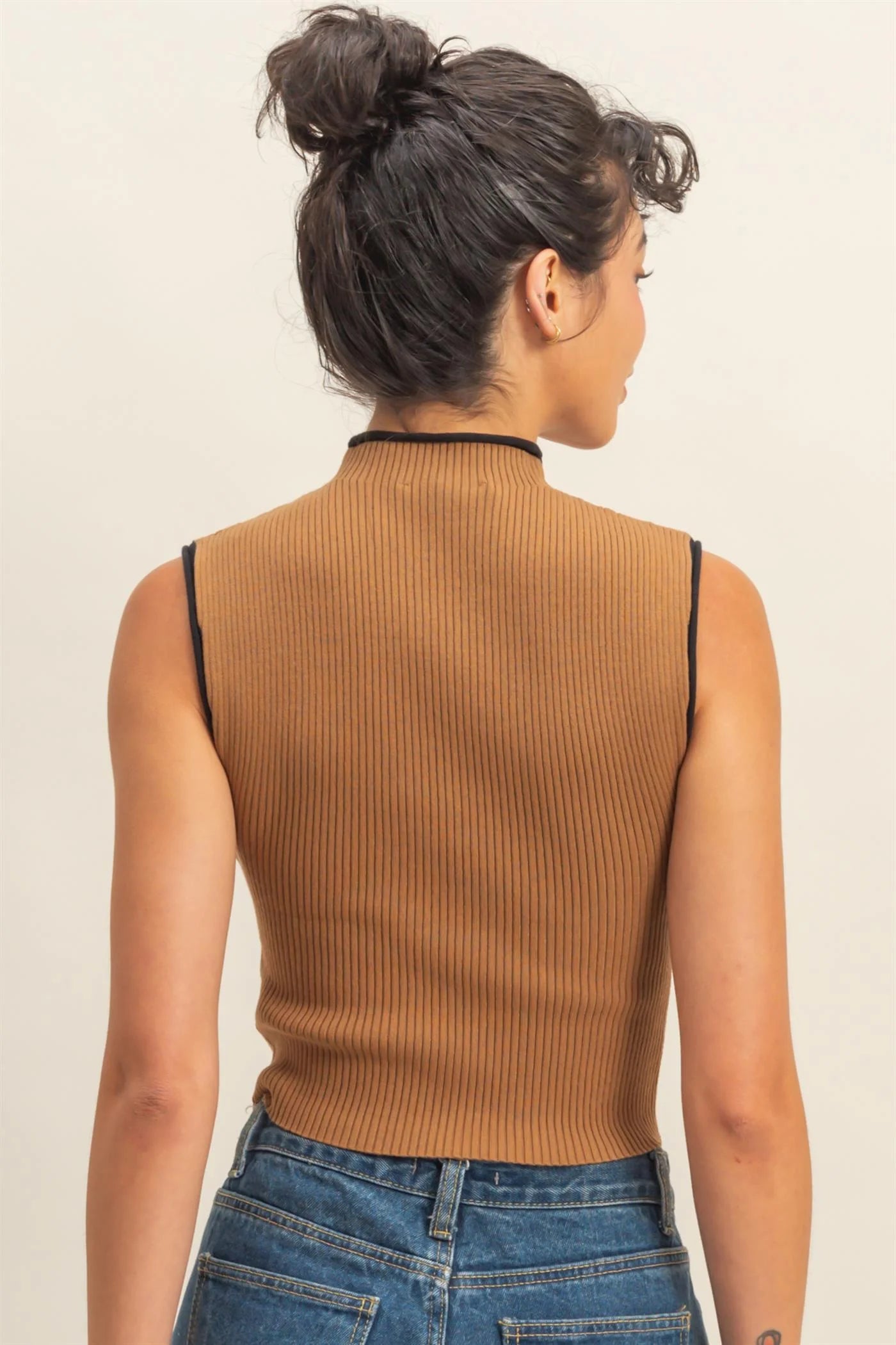 Taupe & Black Ribbed Sleeveless Top