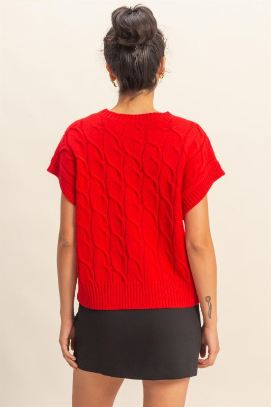 Red Cable Knit Sleeveless Sweater