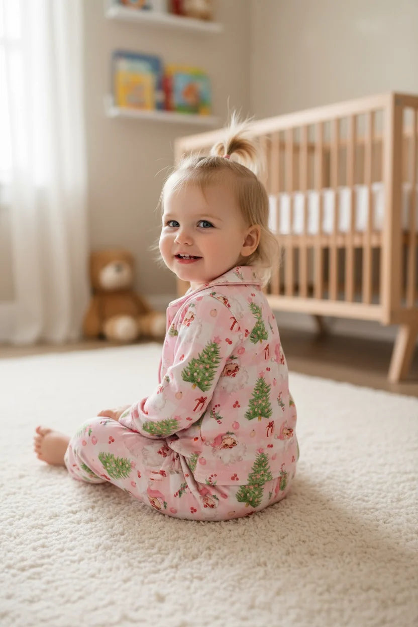 Girls Pink Santa & Tree PJ Set