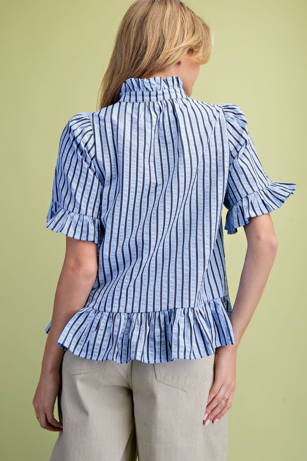 Blue Striped Woven Ruffle Bottom Blouse
