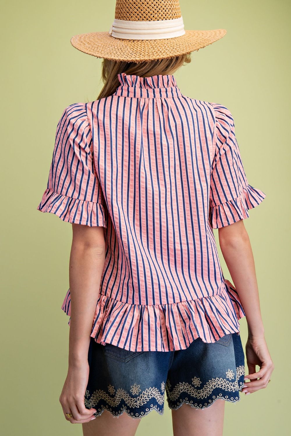 Coral Striped Woven Ruffle Bottom Blouse
