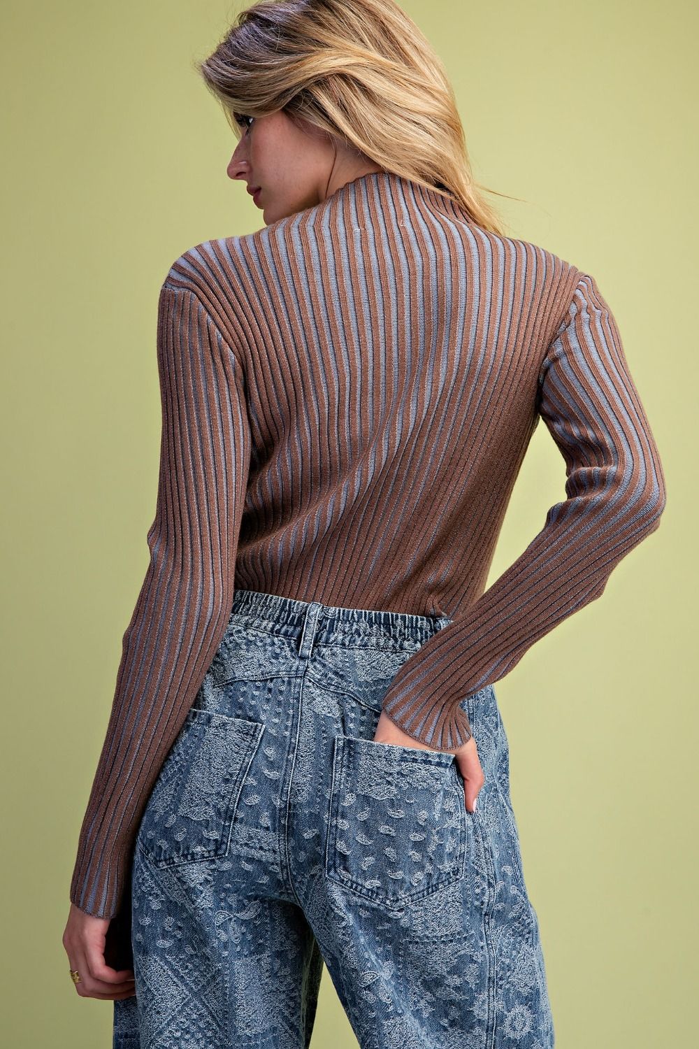Mock Neck Ribbed Mocha & Blue Sweater