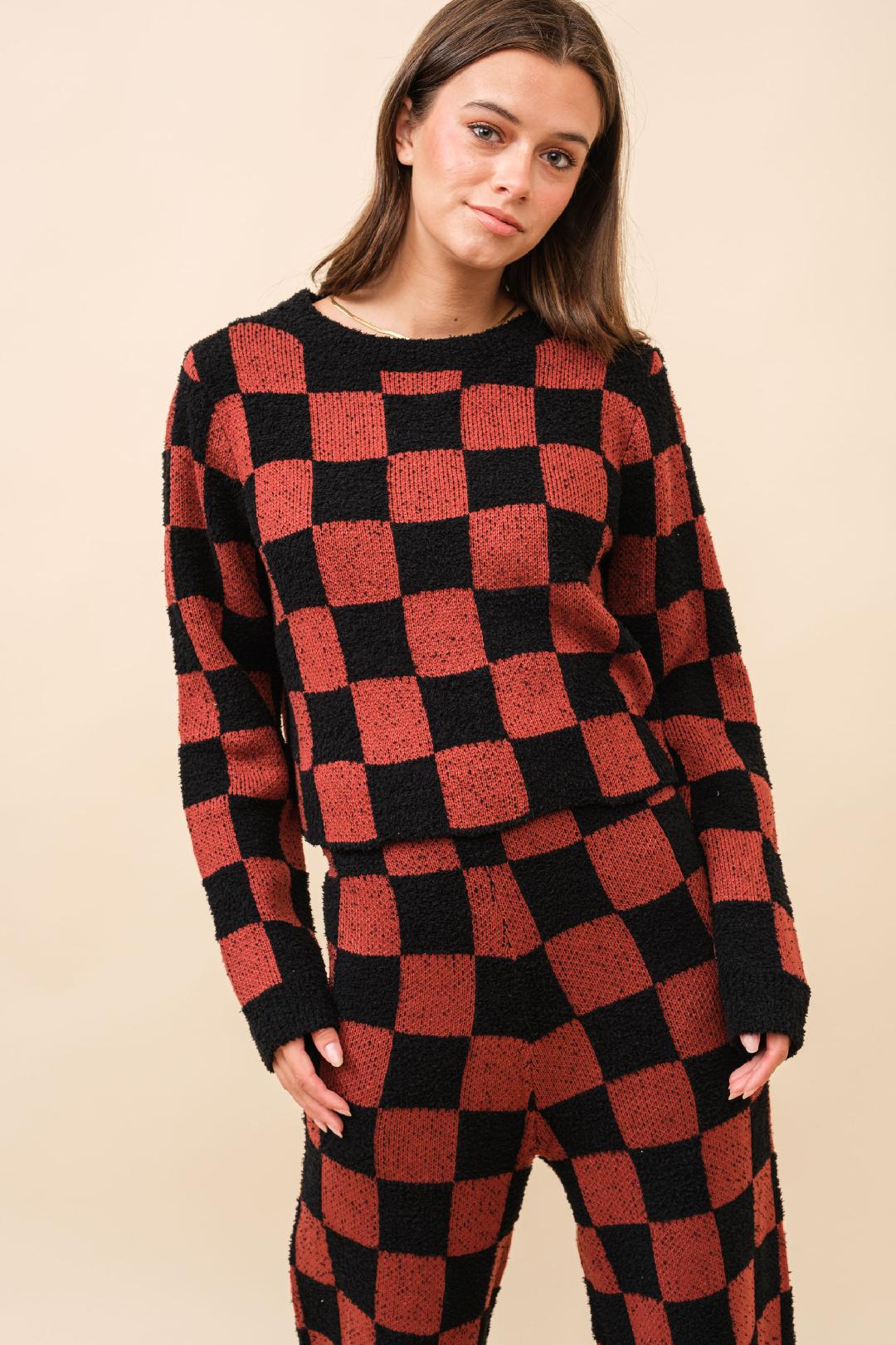 Red and Black Check Knit Sweater Set