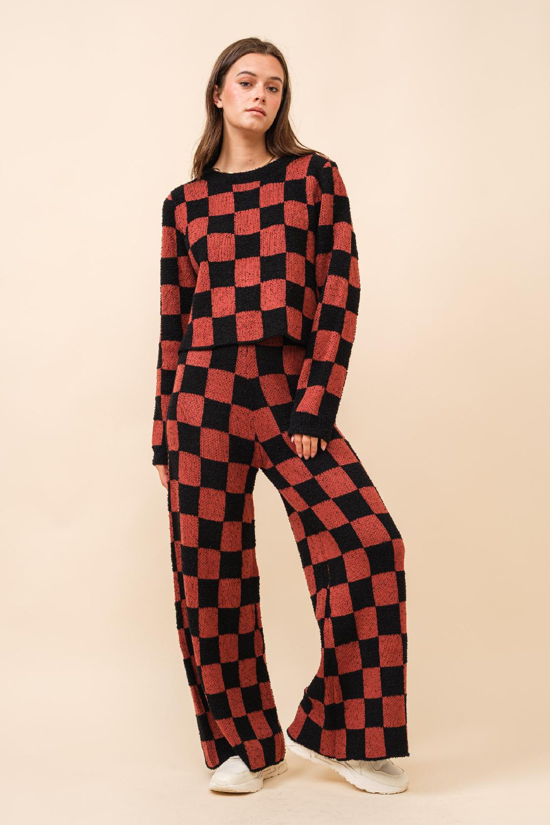 Red and Black Check Knit Sweater Set