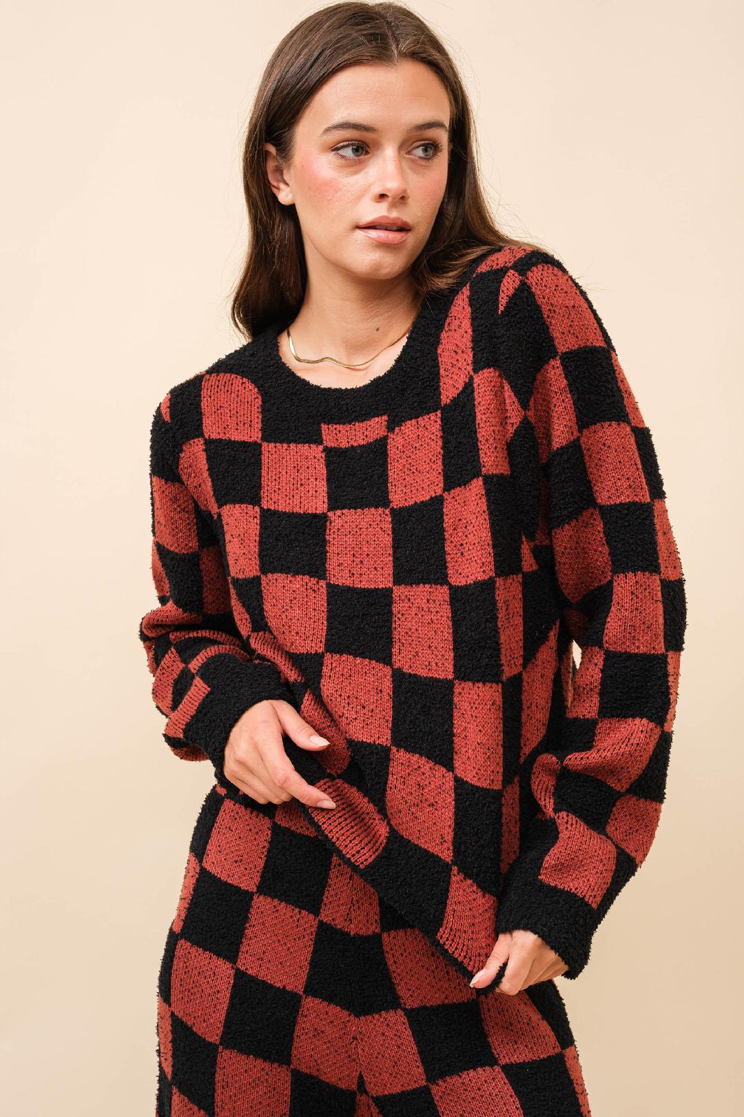 Red and Black Check Knit Sweater Set
